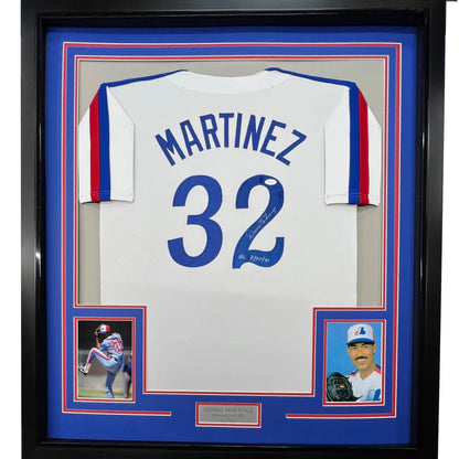 Framed autographed Dennis Martinez Montreal white baseball jersey with name and number