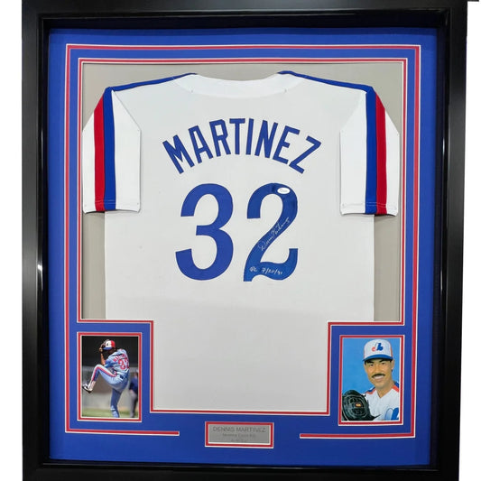 Framed autographed Dennis Martinez Montreal white baseball jersey with name and number