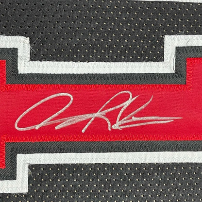 Red stitched signature patch on Dennis Rodman Chicago Bulls jersey mesh