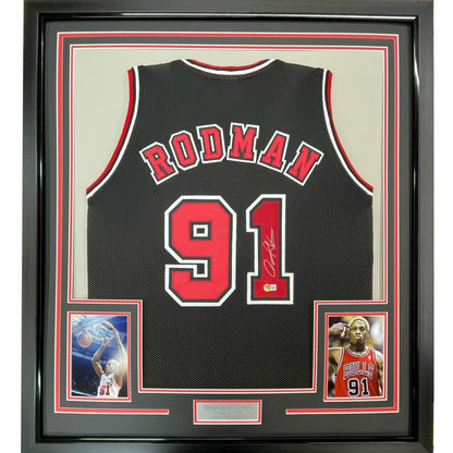 Framed autographed Dennis Rodman Chicago Black Bulls jersey back, Rodman 91, JSA COA