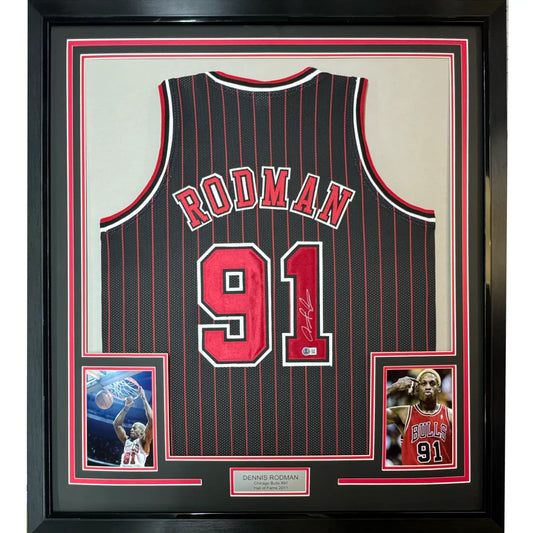 Framed autographed Dennis Rodman Chicago Pinstripe jersey back, Rodman 91