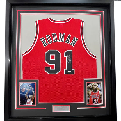 Framed Autographed Dennis Rodman 35x39 Chicago Red Basketball Jersey JSA COA | Hall of Fame Sports Memorabilia | vintageantiquesgifts.com