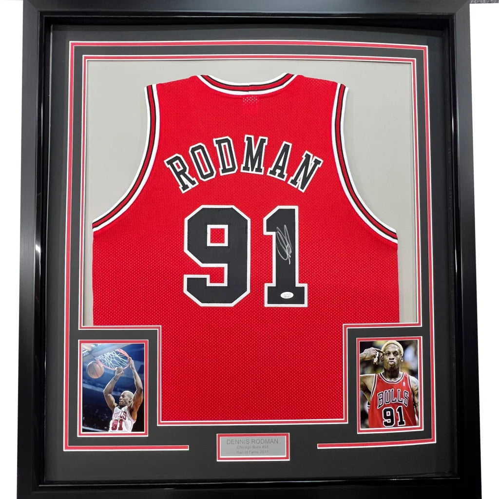 Framed and autographed Dennis Rodman Chicago Bulls jersey with photos for collection pop