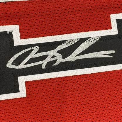 Framed autographed Dennis Rodman Chicago Bulls split red black jersey back with stitched signature, Beckett BAS COA