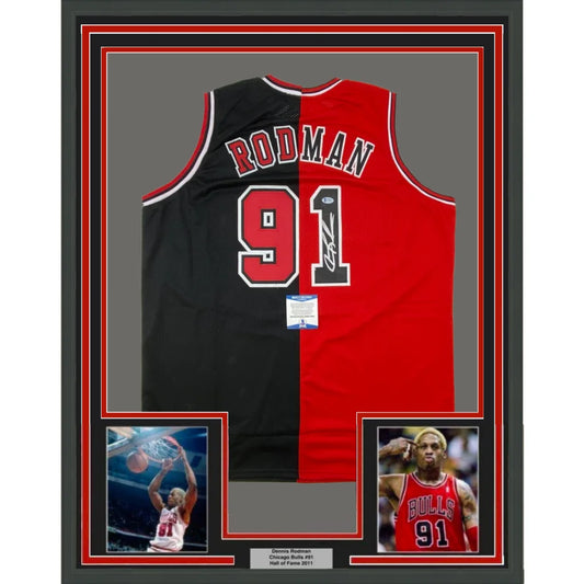 Framed autographed Dennis Rodman #91 Chicago Bulls split red black jersey