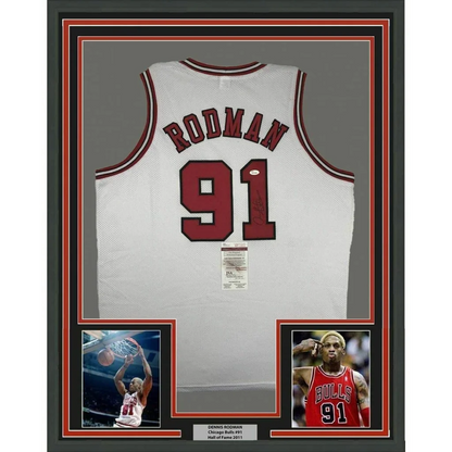 Framed autographed Dennis Rodman Chicago Bulls white jersey back, #91