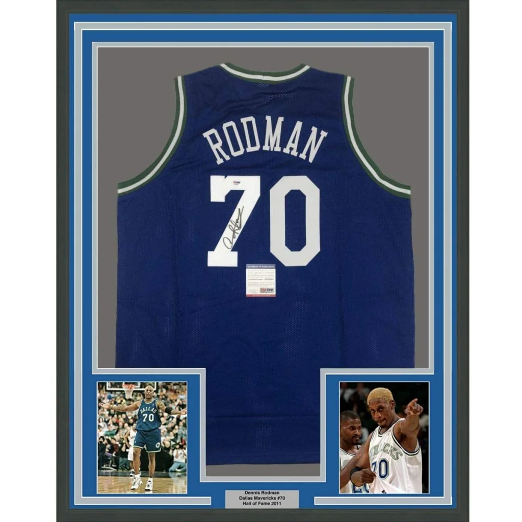 Framed Autographed Dennis Rodman 35x39 Dallas Blue Basketball Jersey PSA/DNA COA | Hall of Fame Sports Memorabilia | vintageantiquesgifts.com