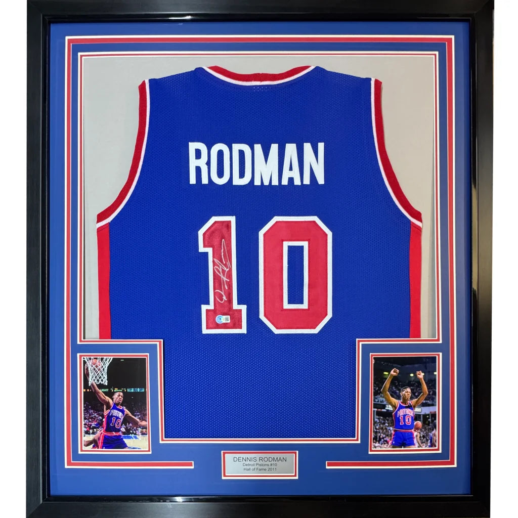Framed Autographed Dennis Rodman 35x39 Detroit Blue Basketball Jersey Beckett BAS COA | Hall of Fame Sports Memorabilia | vintageantiquesgifts.com