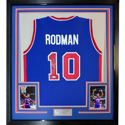 Framed Autographed Dennis Rodman 35x39 Detroit Blue Basketball Jersey Beckett BAS COA | Hall of Fame Sports Memorabilia | vintageantiquesgifts.com