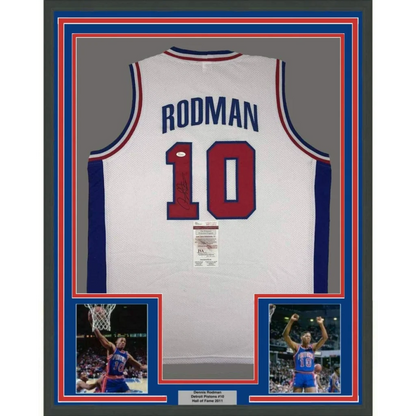 Framed Dennis Rodman Detroit Pistons #10 autographed jersey with action shots for your man cave