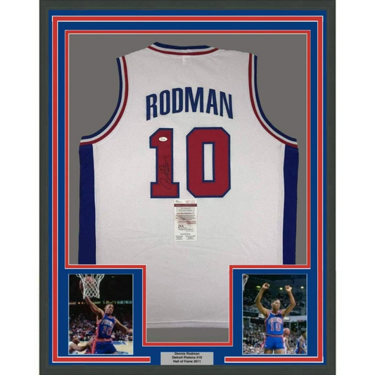 Framed Dennis Rodman Detroit Pistons #10 autographed jersey with action shots for your man cave
