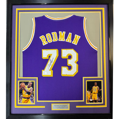 Framed signed Dennis Rodman purple Lakers jersey with 73, PSA/DNA COA
