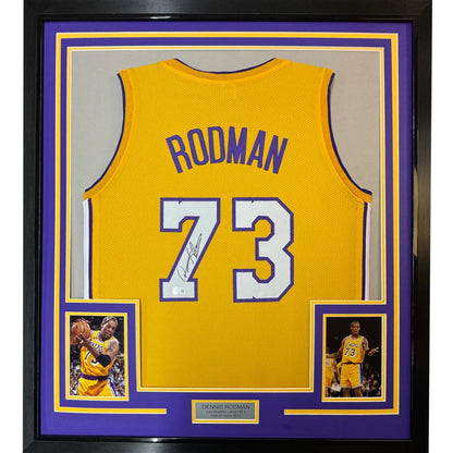 Framed autographed Dennis Rodman yellow Lakers jersey back with #73 signature, PSA/DNA COA