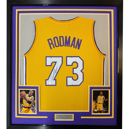 Framed autographed Dennis Rodman yellow Lakers jersey back with #73 signature, PSA/DNA COA