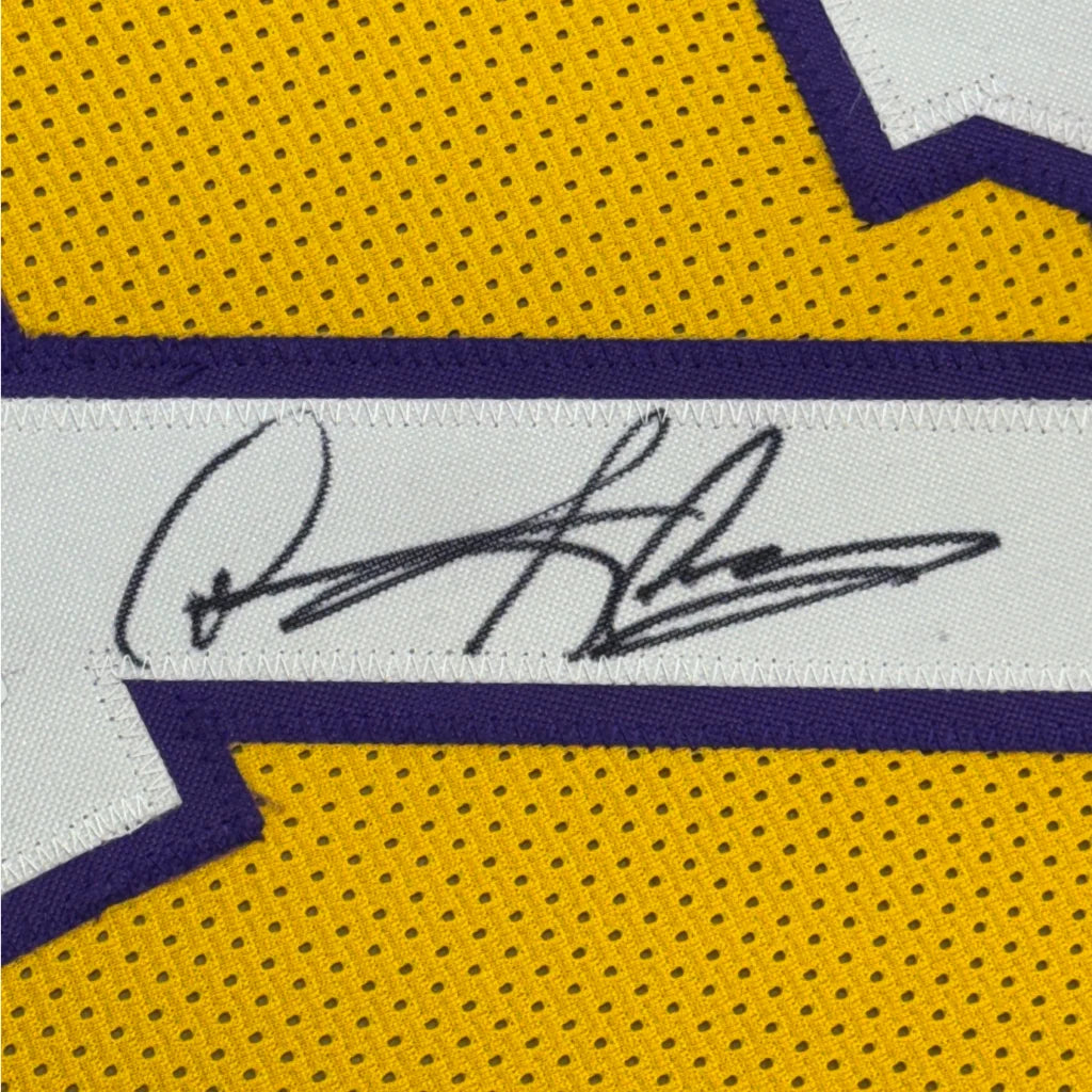 Framed autographed Dennis Rodman yellow LA basketball jersey label