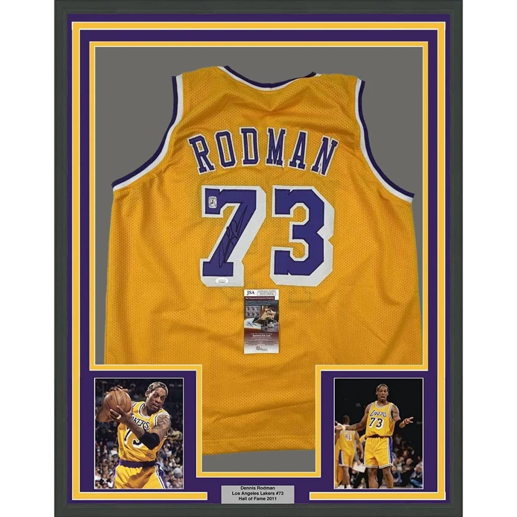 Framed Autographed Dennis Rodman 35x39 Los Angeles LA Yellow Basketball Jersey JSA COA #2 | Hall of Fame Sports Memorabilia | vintageantiquesgifts.com