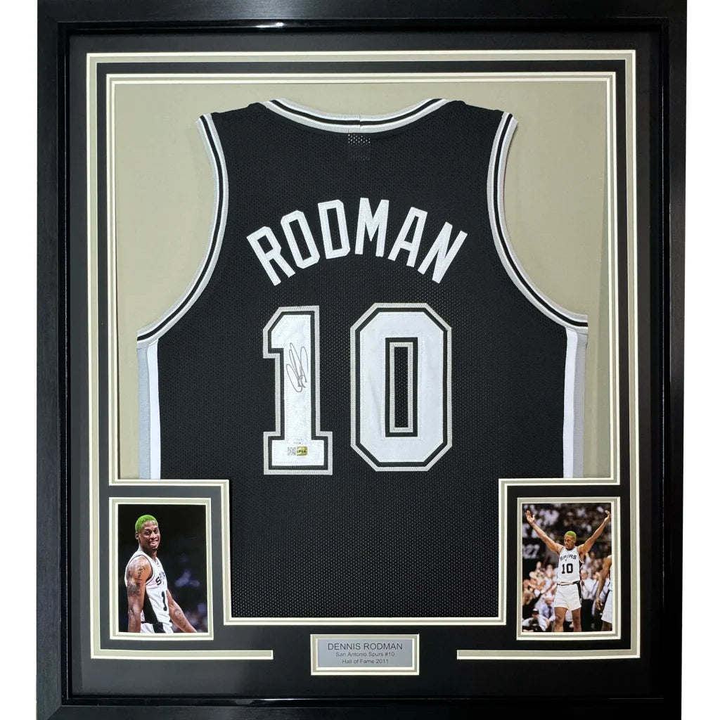 Framed Autographed Dennis Rodman 35x39 San Antonio Black Basketball Jersey PSA/DNA COA | Hall of Fame Sports Memorabilia | vintageantiquesgifts.com