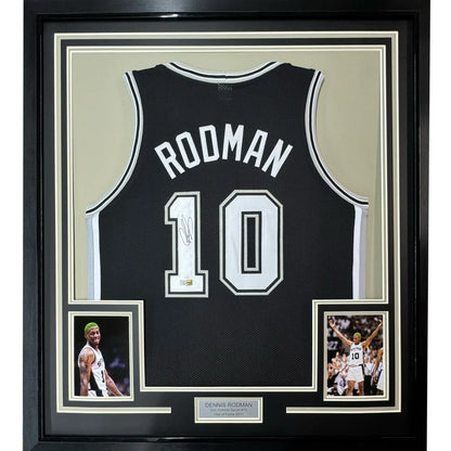 Framed Autographed Dennis Rodman 35x39 San Antonio Black Basketball Jersey PSA/DNA COA | Hall of Fame Sports Memorabilia | vintageantiquesgifts.com