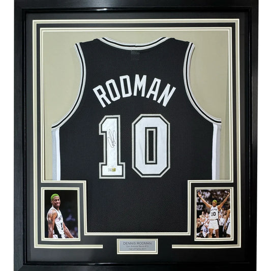 Framed Autographed Dennis Rodman 35x39 San Antonio Black Basketball Jersey PSA/DNA COA | Hall of Fame Sports Memorabilia | vintageantiquesgifts.com
