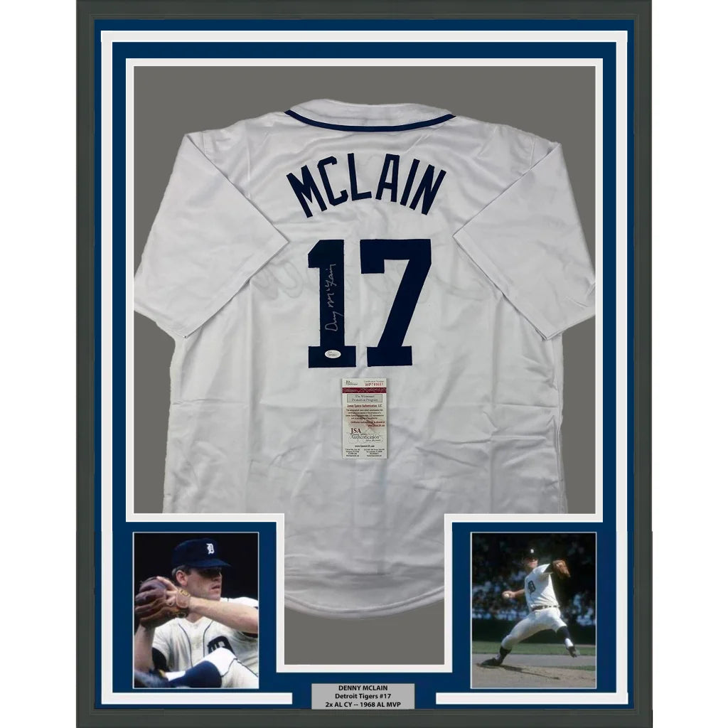 Framed autographed Denny McLain Detroit Tigers white jersey with JSA COA