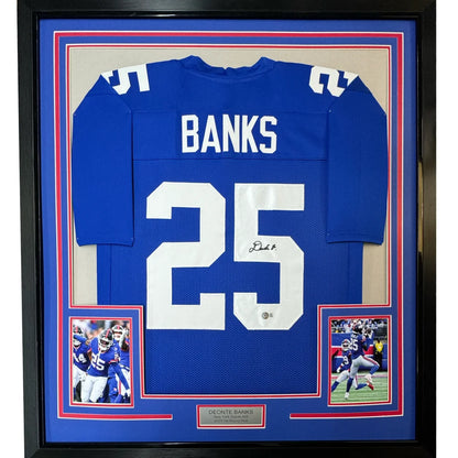 Framed autographed Deonte Banks New York Giants blue jersey with number 25, Beckett BAS COA