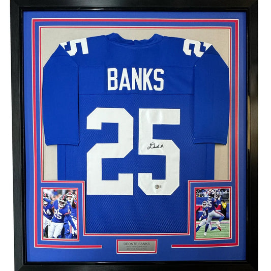 Framed autographed Deonte Banks New York Giants blue jersey with number 25, Beckett BAS COA