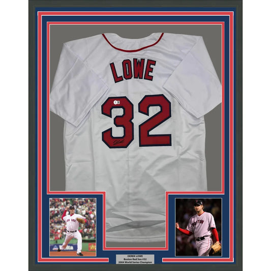 Framed Autographed Derek Lowe 35x39 Boston White Baseball Jersey Beckett BAS COA | Hall of Fame Sports Memorabilia | vintageantiquesgifts.com