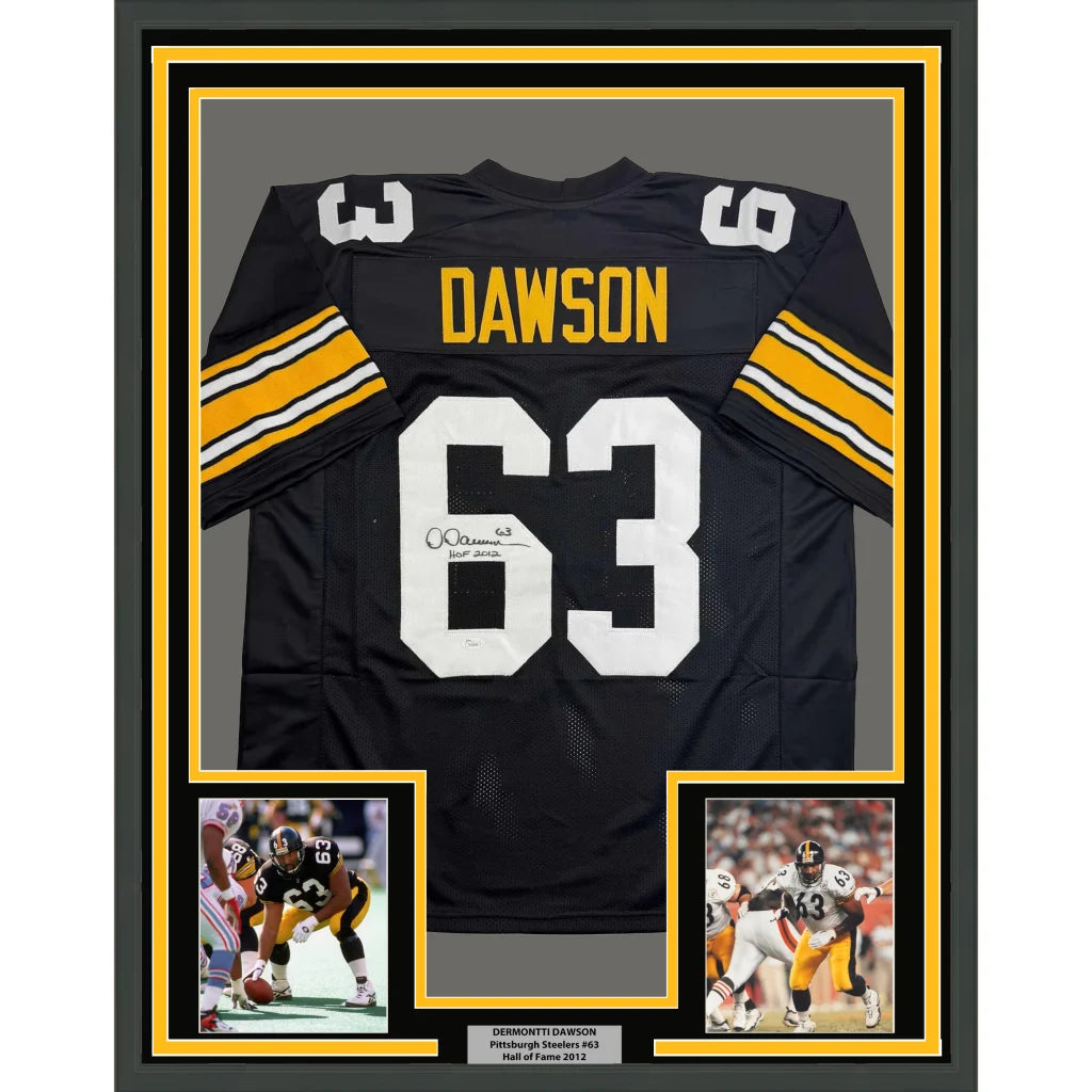Framed autographed Dermontti Dawson HOF Pittsburgh Steelers black jersey back, JSA COA