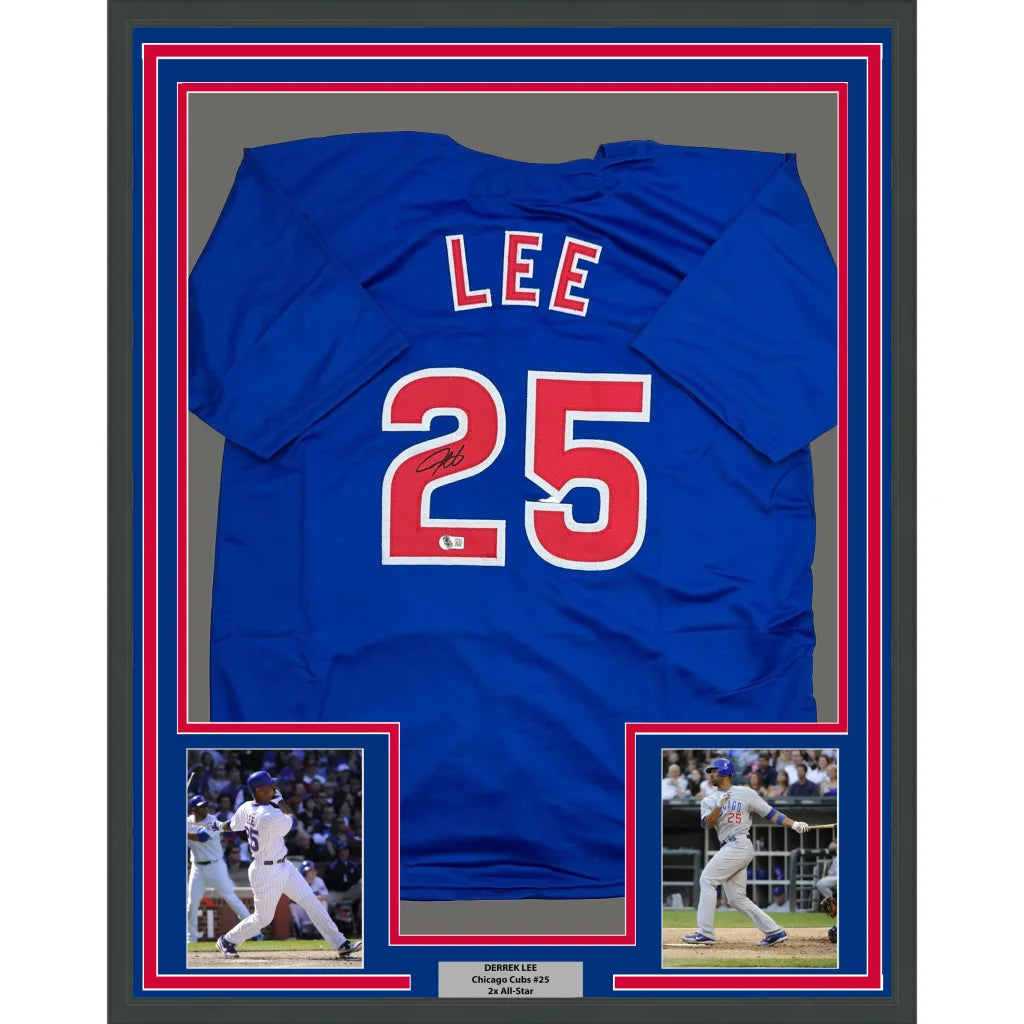 Framed autographed Derek Lee Chicago Cubs blue jersey with red Lee 25 Beckett COA