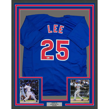Framed autographed Derek Lee Chicago Cubs blue jersey with red Lee 25 Beckett COA
