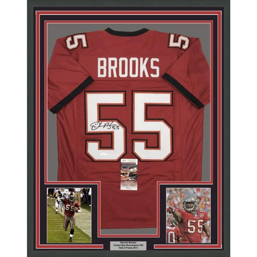 Framed autographed tampa bay buccaneers red football jersey with brooks 55 and signature below number on back