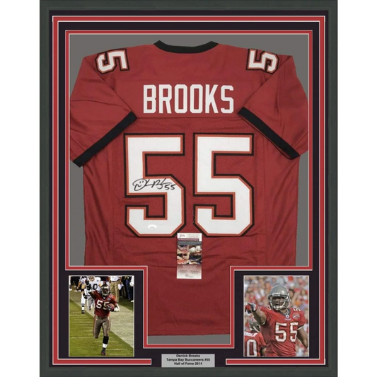 Framed autographed tampa bay buccaneers red football jersey with brooks 55 and signature below number on back