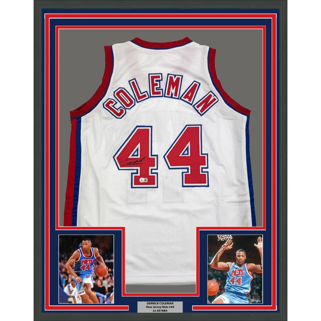 Framed Autographed Derrick Coleman 35x39 New Jersey NJ White Basketball Jersey Beckett BAS COA | Hall of Fame Sports Memorabilia | vintageantiquesgifts.com