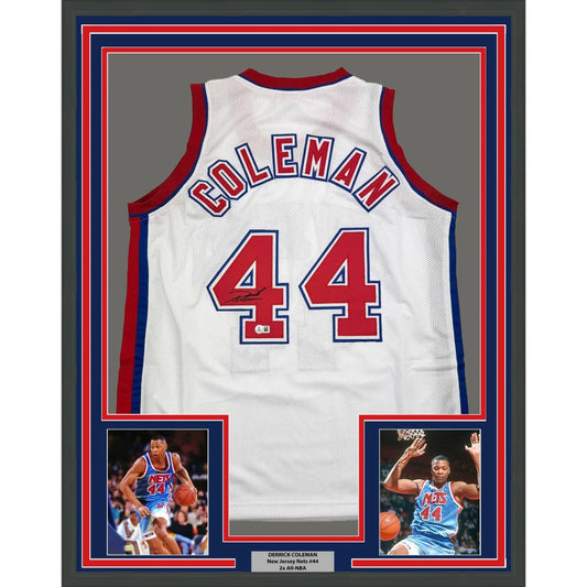 Framed Autographed Derrick Coleman 35x39 New Jersey NJ White Basketball Jersey Beckett BAS COA | Hall of Fame Sports Memorabilia | vintageantiquesgifts.com