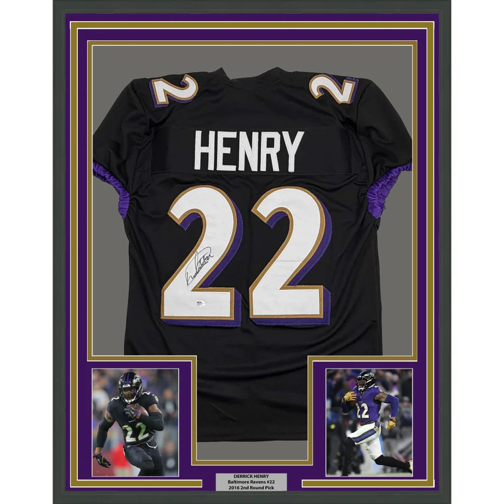 Framed Autographed Derrick Henry 35x39 Baltimore Black Football Jersey JSA COA | Hall of Fame Sports Memorabilia | vintageantiquesgifts.com