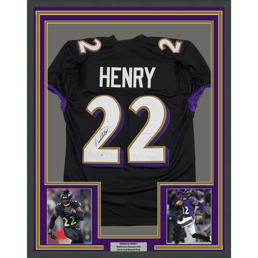 Framed Autographed Derrick Henry 35x39 Baltimore Black Football Jersey JSA COA | Hall of Fame Sports Memorabilia | vintageantiquesgifts.com