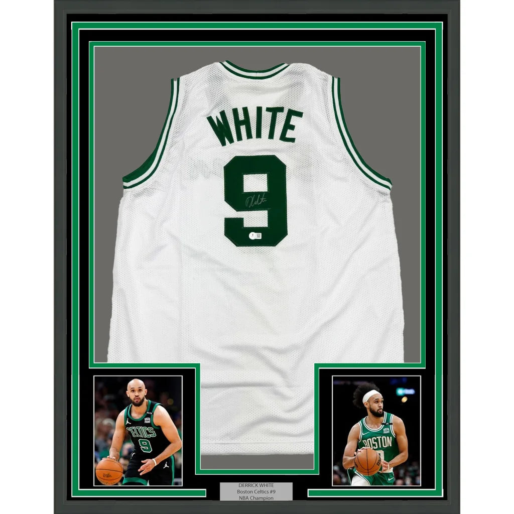 Back side of a framed autographed white boston celtics basketball jersey with green lettering featuring white number 9