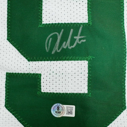 Framed autographed boston white basketball jersey green and white mesh with stitched number 9 by derrick white