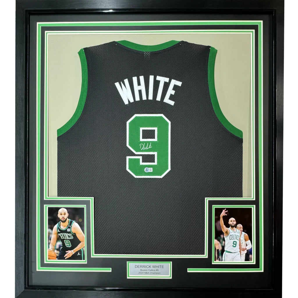 Framed autographed black and green boston celtics basketball jersey with white 9 signed by derrick white with coa