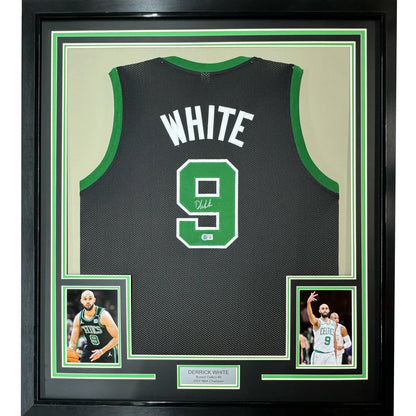 Framed autographed black and green boston celtics basketball jersey with white 9 signed by derrick white with coa