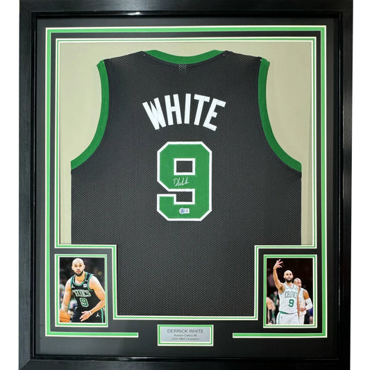 Framed autographed black and green boston celtics basketball jersey with white 9 signed by derrick white with coa