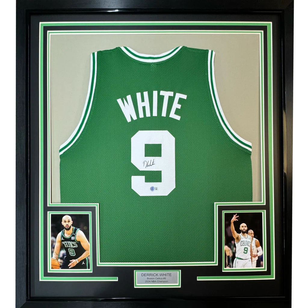 Framed and autographed Derrick White Boston Celtics jersey with photos for display