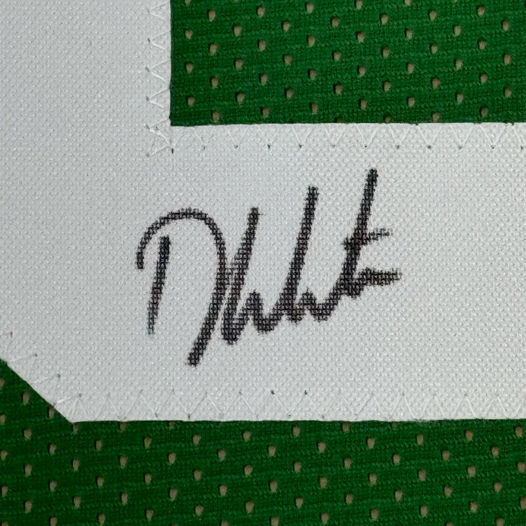 Framed Autographed Derrick White 35x39 Boston Green Basketball Jersey JSA COA | Certified Authentic Signed Memorabilia | vintageantiquesgifts.com