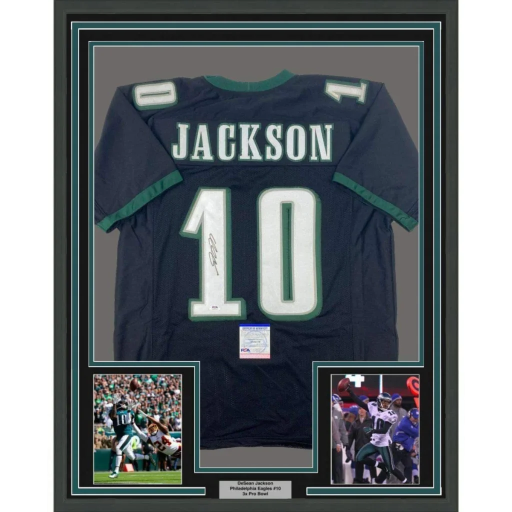 Framed Autographed DeSean Jackson 35x39 Philadelphia Black Football Jersey PSA/DNA COA | Hall of Fame Sports Memorabilia | vintageantiquesgifts.com