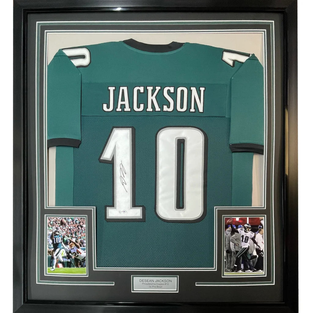 DeSean Jackson Eagles jersey professionally framed with PSA DNA signature photos