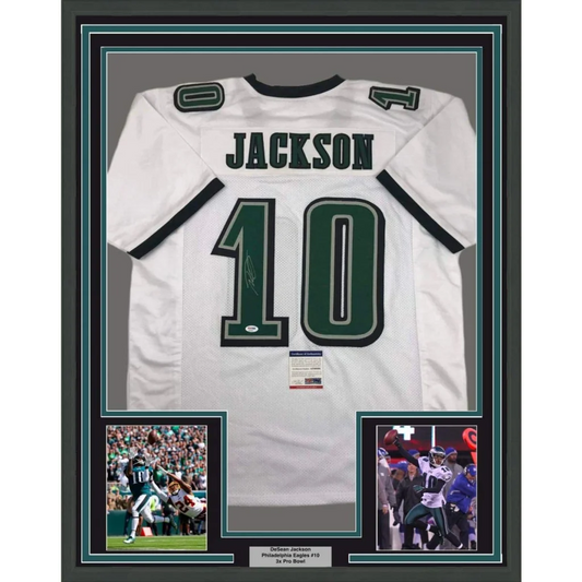 Framed Autographed DeSean Jackson 35x39 Philadelphia White Football Jersey PSA/DNA COA | Hall of Fame Sports Memorabilia | vintageantiquesgifts.com