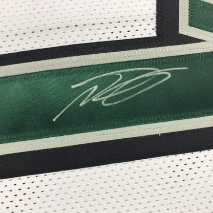 Framed autographed DeSean Jackson Philadelphia Eagles white mesh jersey with green stripe and silver signature