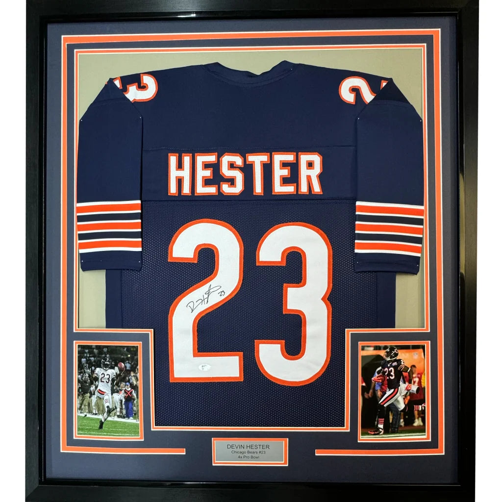 Framed Autographed Devin Hester 35x39 Chicago Blue Football Jersey JSA COA | Hall of Fame Sports Memorabilia | vintageantiquesgifts.com
