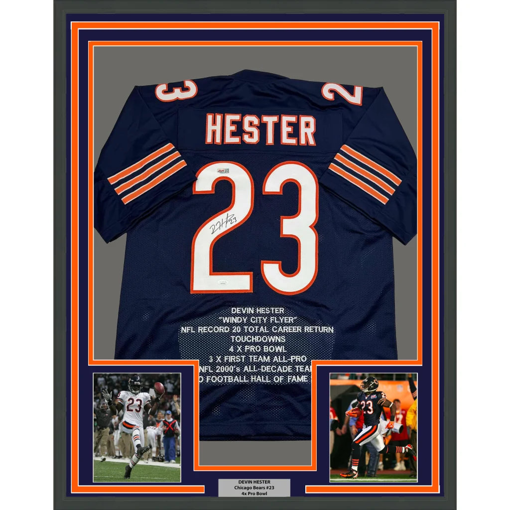 Framed Autographed Devin Hester 35x39 Chicago Blue Stat Football Jersey JSA COA | Hall of Fame Sports Memorabilia | vintageantiquesgifts.com