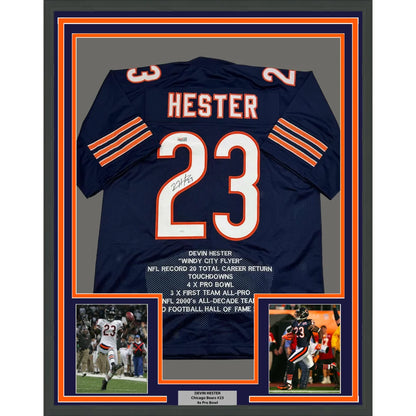 Framed Autographed Devin Hester 35x39 Chicago Blue Stat Football Jersey JSA COA | Hall of Fame Sports Memorabilia | vintageantiquesgifts.com